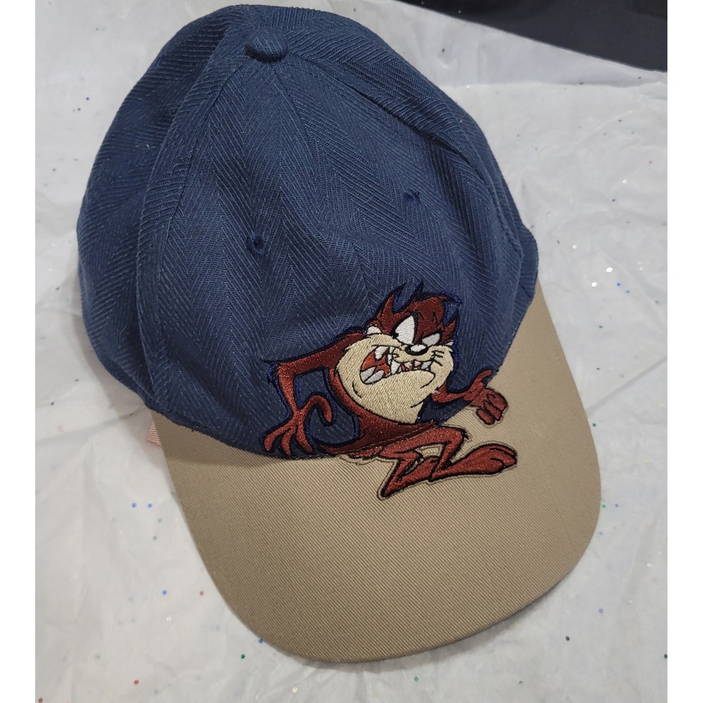 Vintage 1997 Looney Tunes Taz Tasmanian Devil Snapback Hat Navy Herringbone Tan